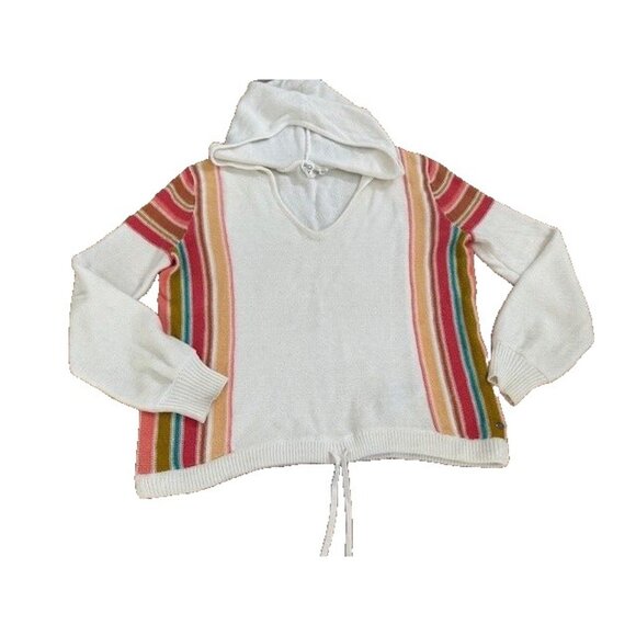 ROXY V neck Pullover Sweater Striped Medium Hood Oversized Beach Boho Turning Ou - Picture 1 of 9